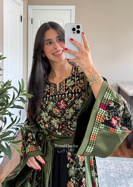 Black/Olive Green Orange Floral Long Full Embroidered Thobe