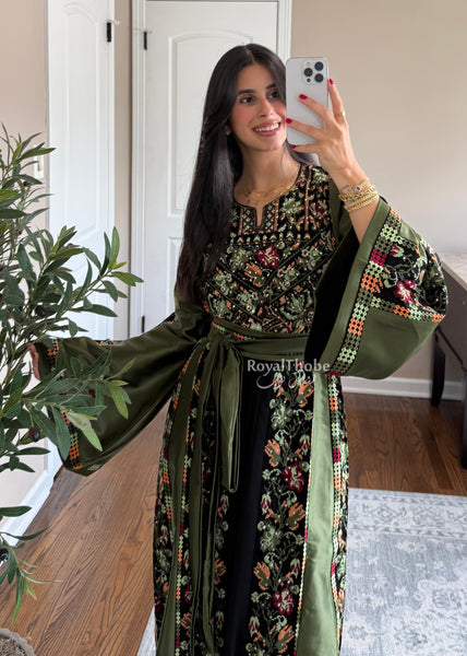 Black/Olive Green Orange Floral Long Full Embroidered Thobe