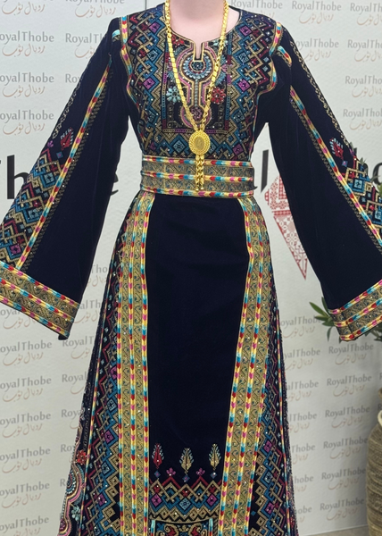 Velvet Navy Blue Dimond Long Full Embroidered Thobe