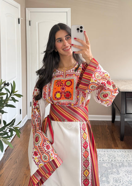 Sunset White/Orange Saya Maleka Full Embroidered Thobe