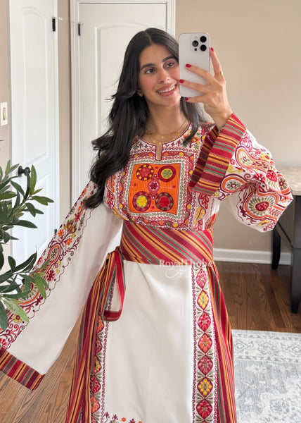 Sunset White/Orange Saya Maleka Full Embroidered Thobe