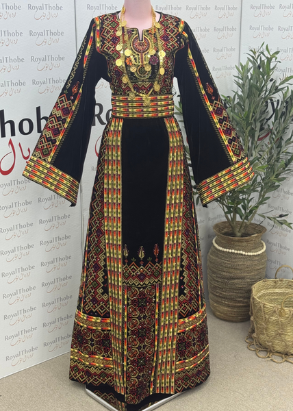 Velvet Black/Gold Dimond Long Full Embroidered Thobe