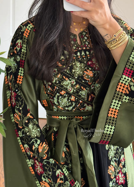 Black/Olive Green Orange Floral Long Full Embroidered Thobe