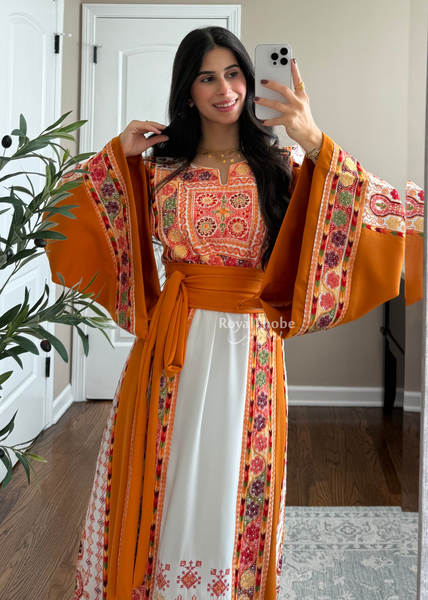 White/ Mustard Orange Maleka Floral Long Embroidered Thobe