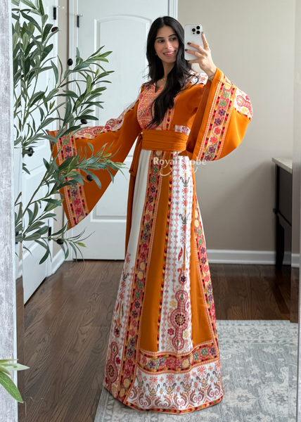 White/ Mustard Orange Maleka Floral Long Embroidered Thobe