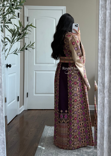 Purple/Beige Floral Long Full Embroidered Thobe With Reversible Beige Satin Belt