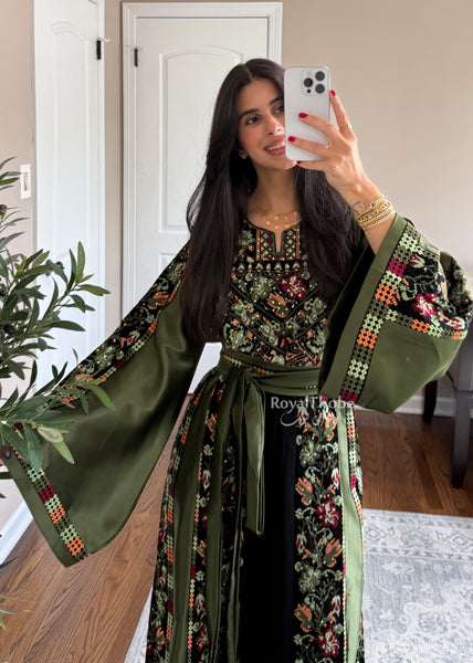 Black/Olive Green Orange Floral Long Full Embroidered Thobe