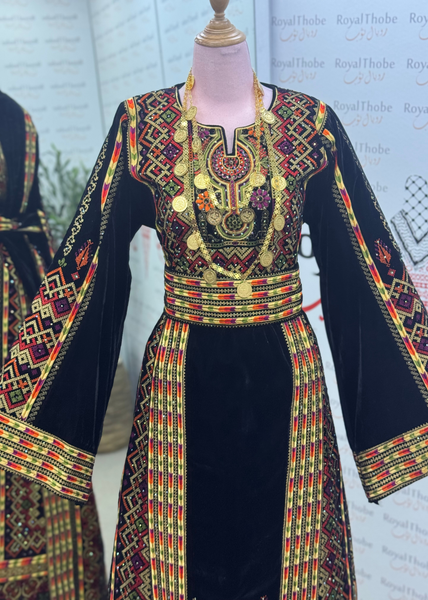 Velvet Black/Gold Dimond Long Full Embroidered Thobe