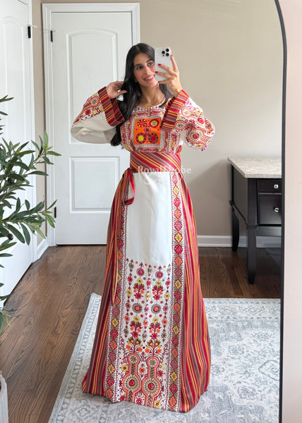 Sunset White/Orange Saya Maleka Full Embroidered Thobe