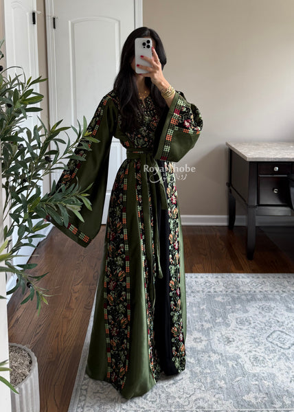 Black/Olive Green Orange Floral Long Full Embroidered Thobe