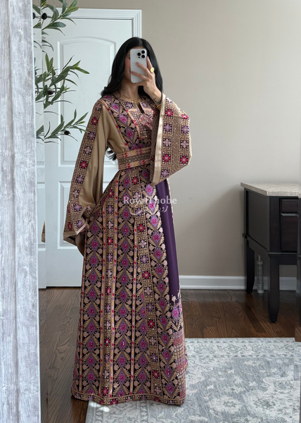 Purple/Beige Floral Long Full Embroidered Thobe With Reversible Beige Satin Belt