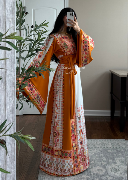White/ Mustard Orange Maleka Floral Long Embroidered Thobe