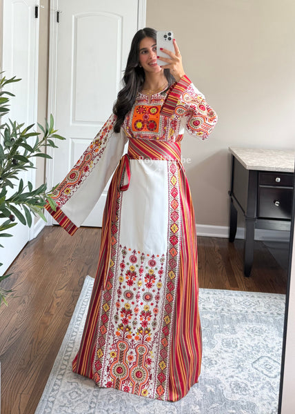 Sunset White/Orange Saya Maleka Full Embroidered Thobe