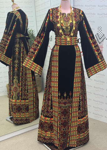 Velvet Black/Gold Dimond Long Full Embroidered Thobe