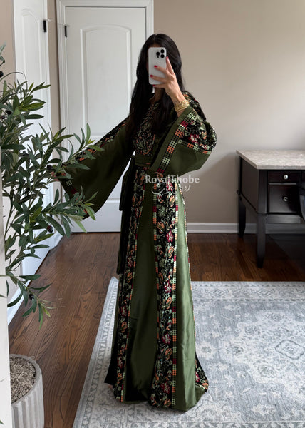 Black/Olive Green Orange Floral Long Full Embroidered Thobe