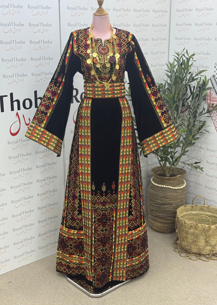 Velvet Black/Gold Dimond Long Full Embroidered Thobe