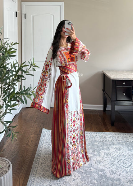 Sunset White/Orange Saya Maleka Full Embroidered Thobe