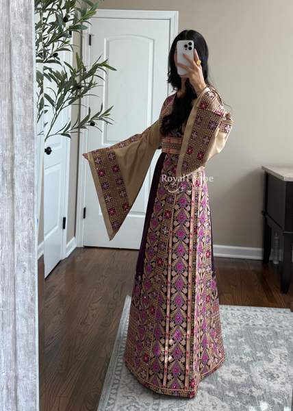 Purple/Beige Floral Long Full Embroidered Thobe With Reversible Beige Satin Belt
