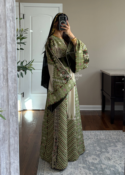 Beige/ Olive Green Arrow Full Embroidered Thobe With Olive Green Gold Coins Kherka