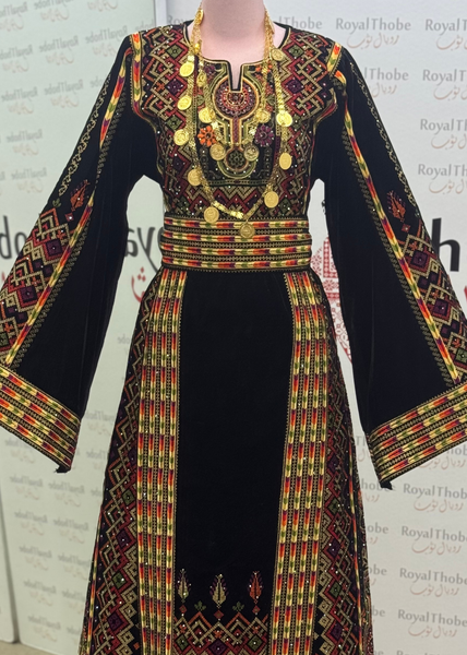 Velvet Black/Gold Dimond Long Full Embroidered Thobe