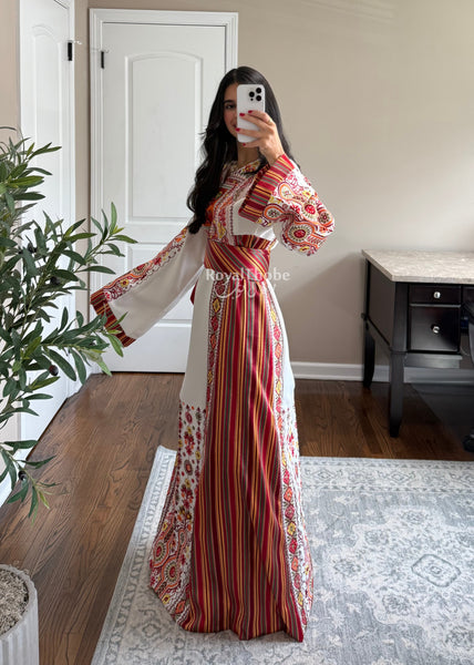 Sunset White/Orange Saya Maleka Full Embroidered Thobe