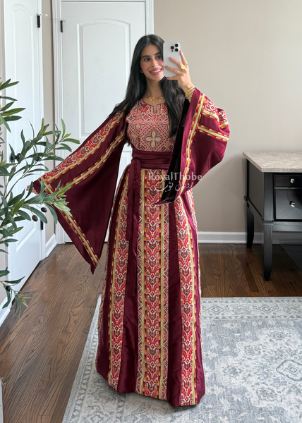 Burgundy Satin Kasab Full Embroidered Thobe