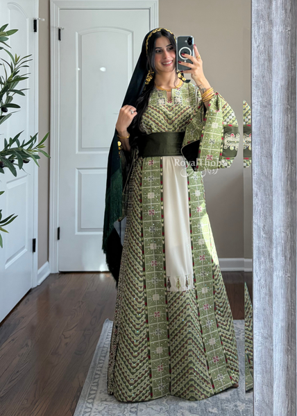 Beige/ Olive Green Arrow Full Embroidered Thobe With Olive Green Gold Coins Kherka