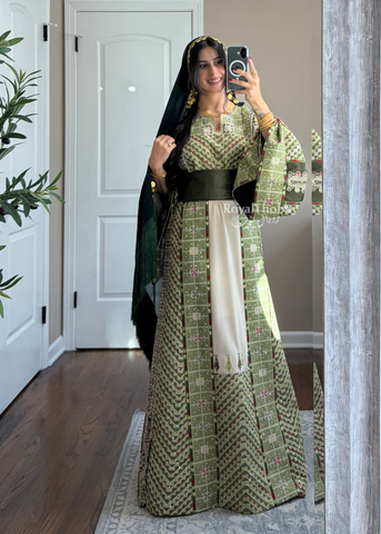 Beige/ Olive Green Arrow Full Embroidered Thobe With Olive Green Gold Coins Kherka