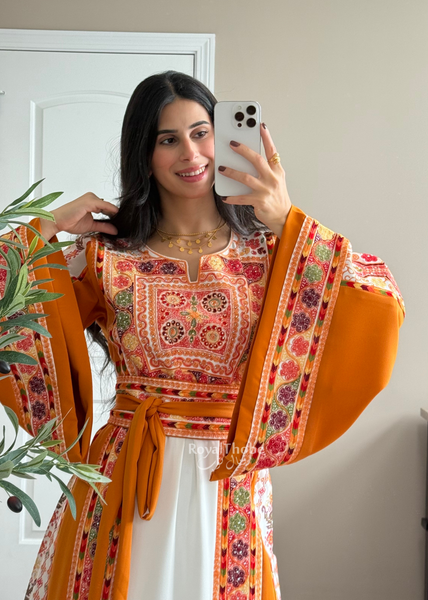 White/ Mustard Orange Maleka Floral Long Embroidered Thobe
