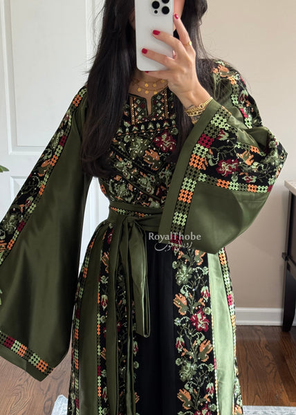 Black/Olive Green Orange Floral Long Full Embroidered Thobe