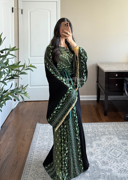 Black/ Olive Green Zaytona Branches Full Embroidered Thobe