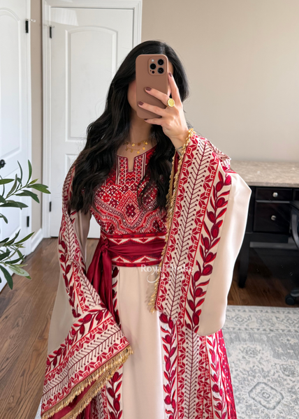 Beige/ Burgundy Zaytona Branches Full Embroidered Thobe