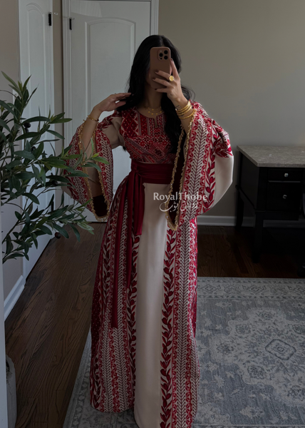 Beige/ Burgundy Zaytona Branches Full Embroidered Thobe