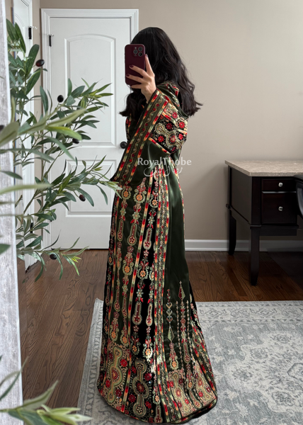 Olive Green Satin & Black Velvet Maleka Fully Embroidered Thobe