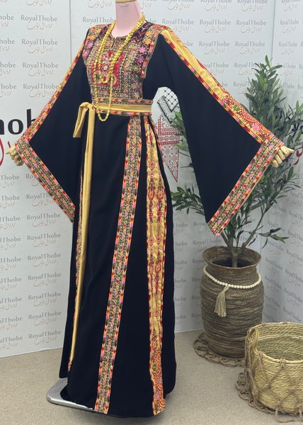 Black / Gold Manajel Mini Flowers Long Full Embroidered Thobe