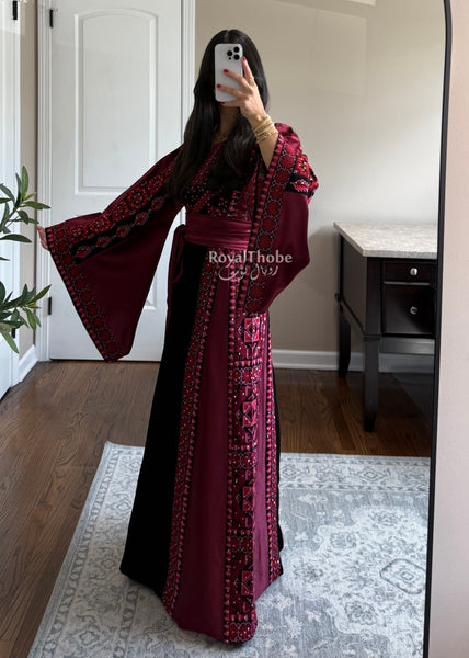 Black/Burgundy Long Full Embroidered Thobe