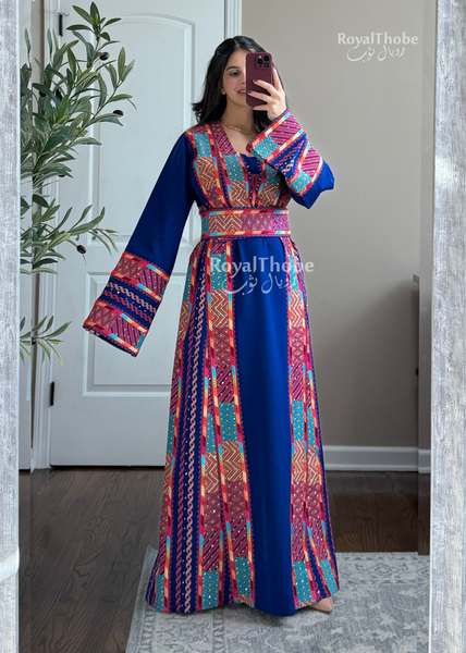 Royal Blue Modern Square Neck Long Full Embroidered Thobe