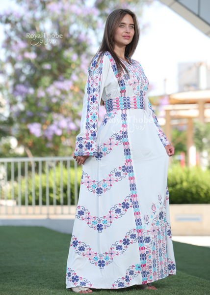 White/Blue Simple Flower Long Full Embroidered Thobe