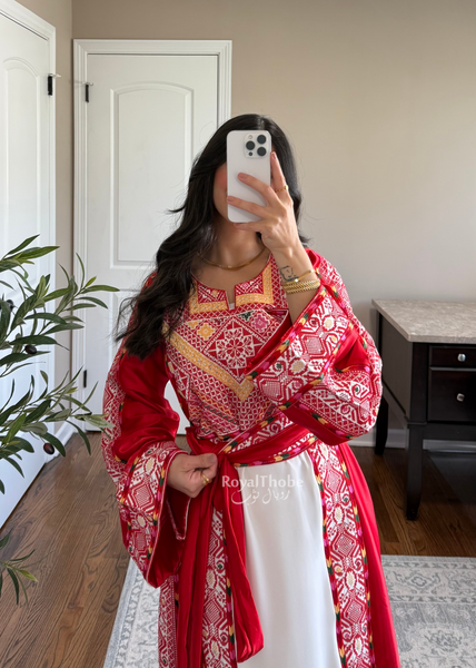 White/ Red Satin Classic Full Embroidered Thobe