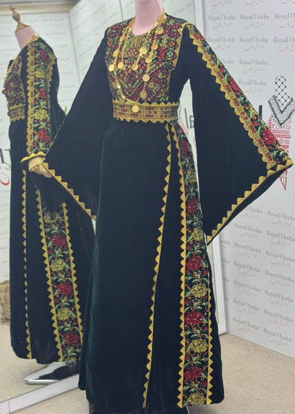 Velvet Olive Green Simple Floral Long Embroidered Thobe/Dress