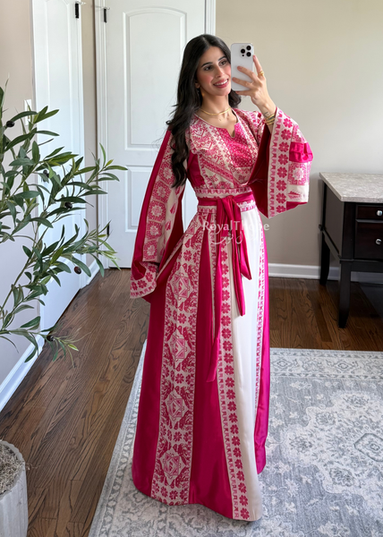 Beige/Pink Floral Long Full Embroidered Thobe