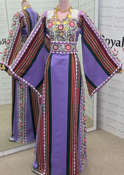 Purple Majdlawe Simple Floral Long Full Embroidered Thobe