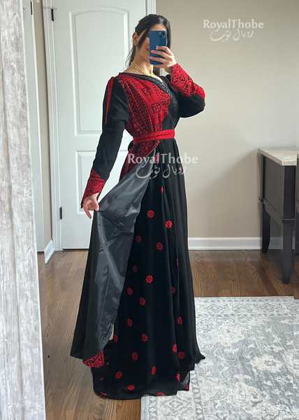 Black/Red Modern Asymmetric Neck Style Full Embroidered Dress