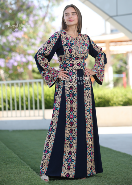 Navy Blue Simple 6 Lines Flower Full Embroidered Thobe