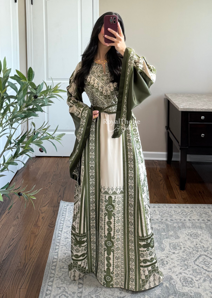 Beige/ Olive Green Malekah Full Embroidered Thobe