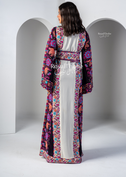 White/Purple Wardeh Long Full Embroidered Thobe