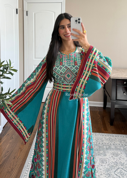 Turquoise Majdlawe Kasab Long Full Embroidered Thobe