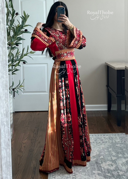Black/Red Flare Maleka With Red Saya Fabric Long Full Embroidered Thobe