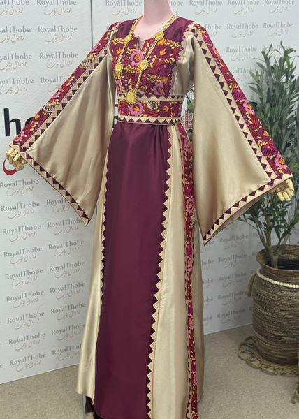 Burgundy/Beige Floral Satin Long Full Embroidered Thobe