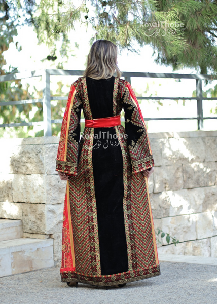 Velvet Black Side Maleka Long Full Embroidered Thobe With Red Reversible Satin Belt